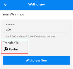 withdraw paytm cash from league11